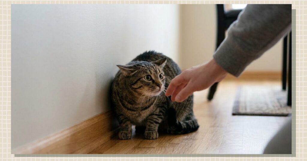 慣れない環境に警戒する猫