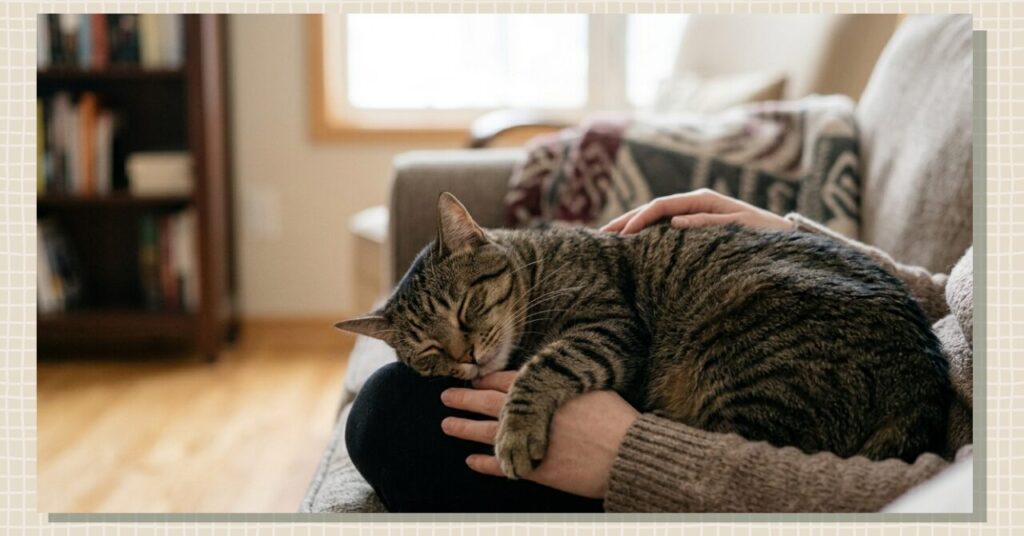 人の膝の上でリラックスしている猫